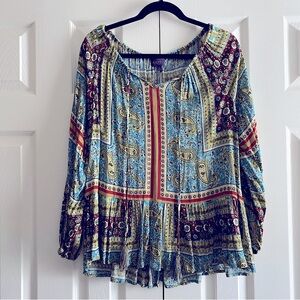 ARTESIA PAISLEY FLORAL TUNIC TOP with TASSELS FEMININE BOHO ROMANTIC Blue Red M
